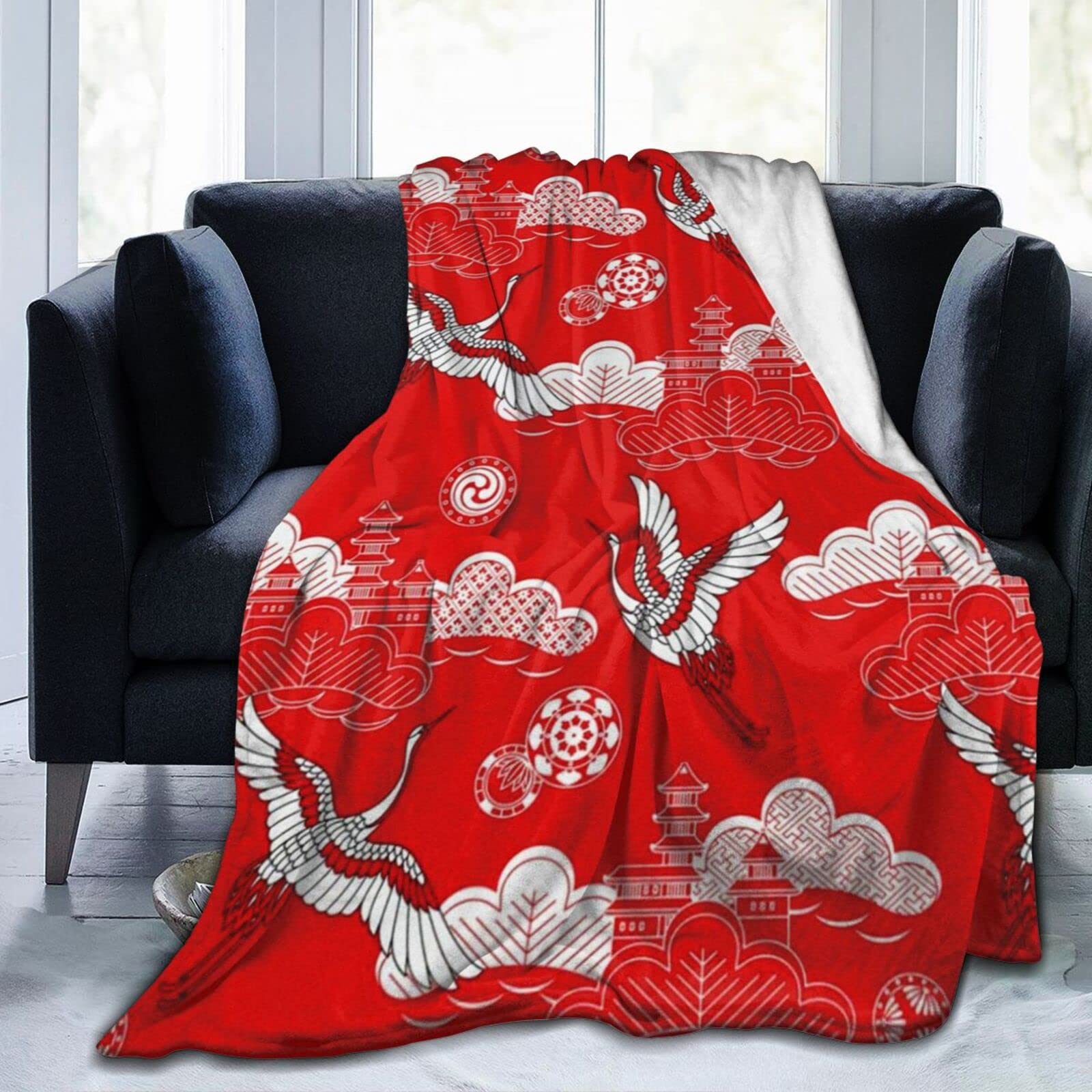 Amazon｜鶴柄 ツル柄 鶴 つる 和風 和柄 和調 伝統柄 レッド 毛布